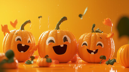 Three orange pumpkins with big smiles on their faces. The pumpkins are arranged in a row and are surrounded by orange leaves. Scene is cheerful and festive, as it depicts the joy of Halloween