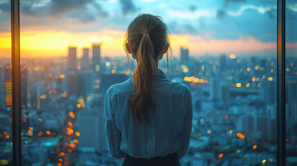 Poster - Young woman in a blue striped shirt looks out at a cityscape during a beautiful sunset.