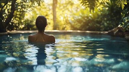 Wall Mural - Generative AI Image of Beautiful Attractive Woman Swimming at Peaceful Nature Hotel Pool