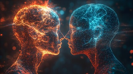 Two transparent human heads filled with interconnected puzzle pieces, a holographic web of light linking their thoughts, futuristic, bright neon tones, digital wireframe