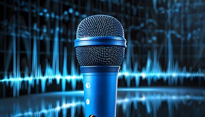 Wall Mural - Blue microphone with sound wave graphic, representing audio recording and sound check