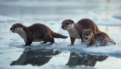 Wall Mural - Family of otters playing on a frozen lake in the winter