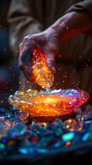 Canvas Print - Closeup of a glassblowing artist shaping molten glass with vibrant colors in a traditional workshop