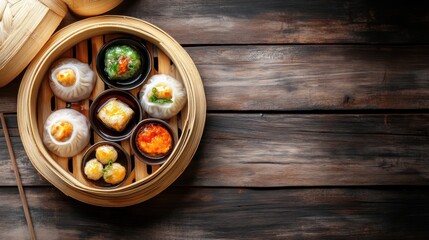 Wall Mural - free space Dim sum chinese foods concept on wooden background