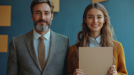 Canvas Print - Smiling man and woman holding blank sign.