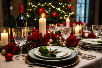 Beautifully decorated table for Christmas Eve dinner celebration