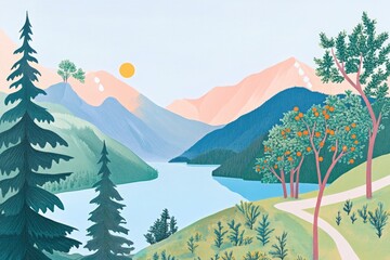 Illustration of a serene nature reserve with scenic mountains and a tranquil landscape Morning view of a beautiful natural setting