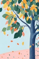 Wall Mural - Coloring page of an autumn landscape featuring a tree with yellow leaves against a backdrop of the sky