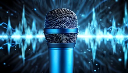 Wall Mural - Blue microphone with sound wave graphic, representing audio recording and sound check