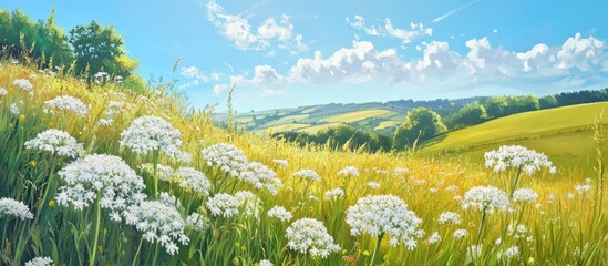 Canvas Print - Painting of stunning Queen Anne s lace flowers in a summer meadow with a bright rural landscape