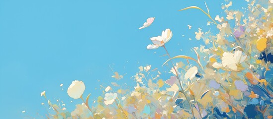 Wall Mural - Artwork featuring summer flowers against a backdrop of a clear blue sky