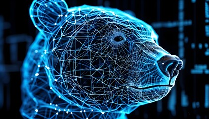 Wall Mural - Futuristic bear head design in blue wireframe, illustrating the fusion of technology and data visualization.