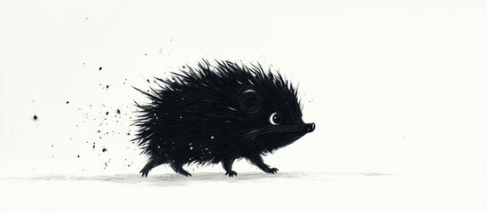 Happy little hedgehog with black fur strolling forward against a white studio backdrop