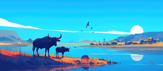 Wall Mural - African Buffaloes near a serene body of water