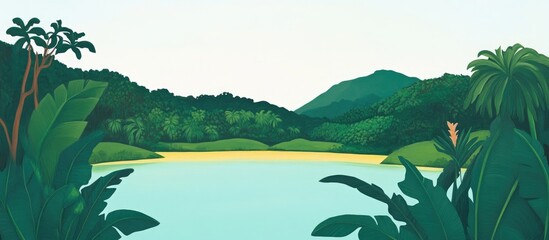 Wall Mural - Scenic view of a tranquil lake surrounded by lush greenery and hills