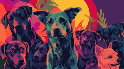 Artwork featuring a background with dogs