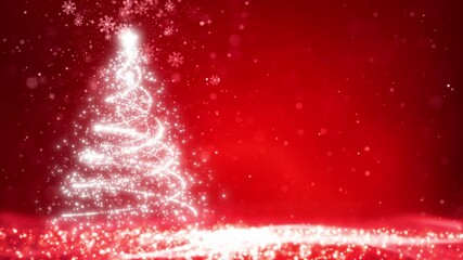 A festive Christmas tree glows softly in red background, surrounded by light particles and falling snowflakes, creating a magical holiday scene.