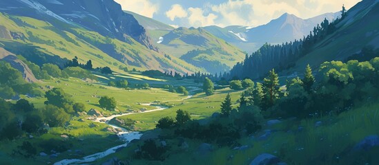 Wall Mural - Painting of a serene mountain landscape at dawn in a picturesque regional park