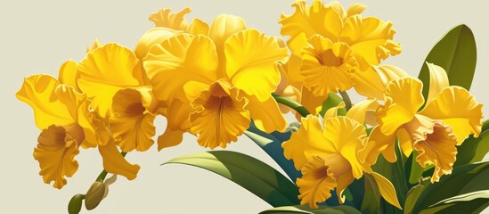 Wall Mural - Illustration of a vibrant yellow Cattleya orchid displayed in a plastic pot against a gray backdrop