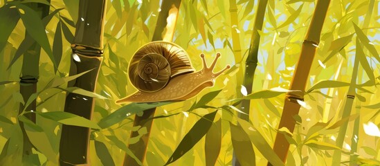 Close up painting of a snail on a small tree trunk moving towards a green broccoli set against a wooden bamboo background