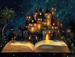 Open book featuring a fairy adventure story for children showcasing a 2D cartoon magic illustration of a medieval wizard s house at night complete with sparkling elements and a fairy tale theme