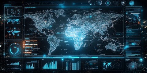 Aufkleber - Futuristic digital interface showing a world map, charts, and graphs.