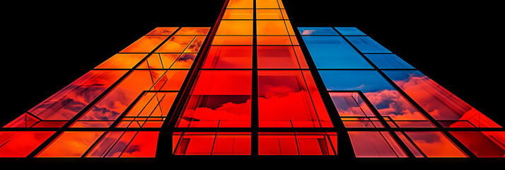 Poster - A low angle view of a glass building with colorful reflections of the sky.