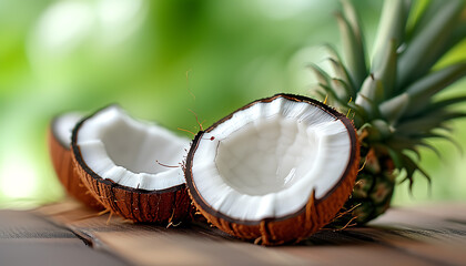 Close-up picture of coconut, emphasizing details and deliciousness with a blurred background.