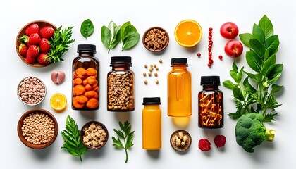 Wall Mural - Diverse Weight Loss Supplements and Fat Loss Medications Showcased on a Clean White Background, Highlighting Health and Wellness