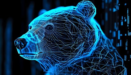 Wall Mural - Futuristic bear head design in blue wireframe, illustrating the fusion of technology and data visualization.