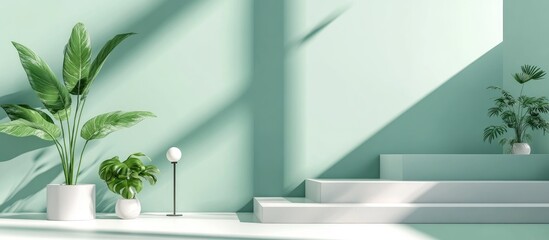 Wall Mural - Podium And Steps In Living Room Interior With Green Wall