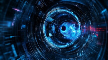Wall Mural - futuristic digital tunnel with glowing blue circular patterns and data streams, representing advance