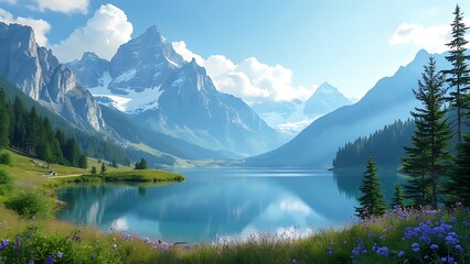 Naklejka na meble A serene mountain landscape under a clear blue sky, showcasing towering peaks and peaceful valleys. The vibrant natural scene offers a sense of calm and breathtaking beauty.