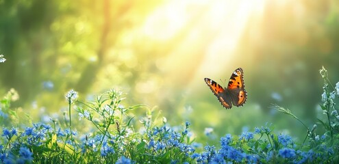 Wall Mural - butterfly flying over blue flowers in a meadow with sunlight shining through the trees.