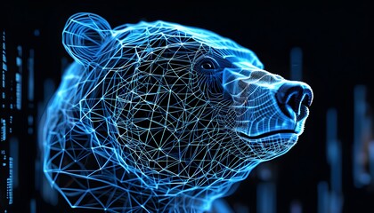 Wall Mural - Futuristic bear head design in blue wireframe, illustrating the fusion of technology and data visualization.