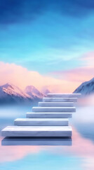 Poster - White marble steps leading up to a foggy mountain scene.