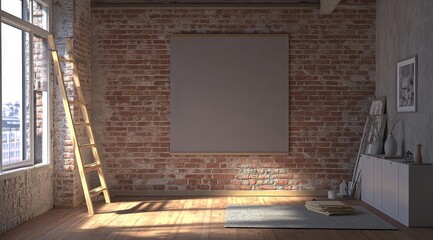 Wall Mural - A modern loft interior with a brick wall, wooden floor, and a large empty poster frame.