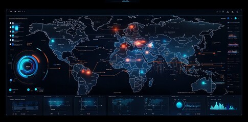 Fototapete - Futuristic world map with data, stats, charts and graphs on a digital screen.