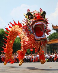 Traditional Chinese dragon dance performance with vibrant red and gold costume.