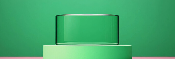 Wall Mural - Glass cylinder on green platform against a green background.