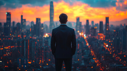 Poster - A man in a suit looks out over the city at sunset.