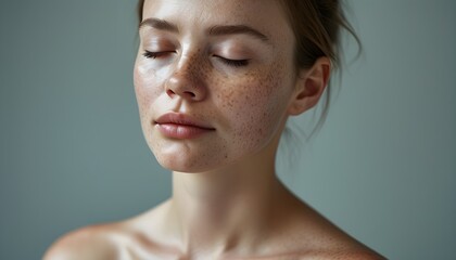 Wall Mural - Serene woman with clear skin and freckles, eyes closed, embodying the harmony of mental wellbeing and skin health in psychodermatology