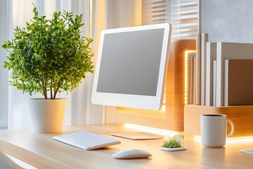 Wall Mural - Modern Home Office Desk with Computer, Plant, and Cup of Coffee.