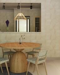 Wall Mural - cozy home dining room interior background, modern minimalist style, 3d render	