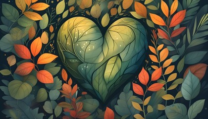 Wall Mural - Heart Embraced by Natures Leaves, Symbolizing Inner Peace and Connection for Guided Meditation