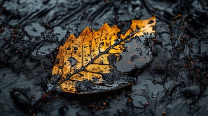 A vibrant autumn leaf resting on dark, textured ground, showcasing nature's beauty and the transition of seasons.