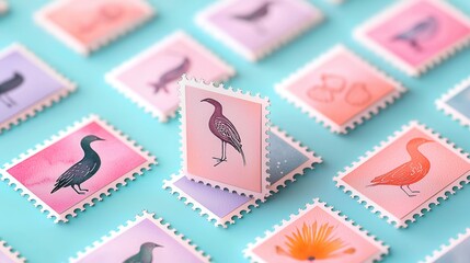 Poster - Colorful Bird Stamps on a Blue Background.