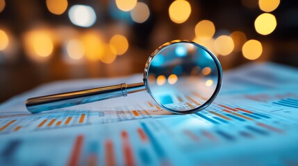 Poster - Magnifying glass on a blue and orange graph with blurred bokeh lights.