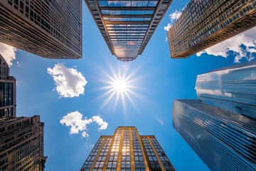 Fototapete - Looking up at tall buildings in a city skyline with bright sun shining through the clouds.