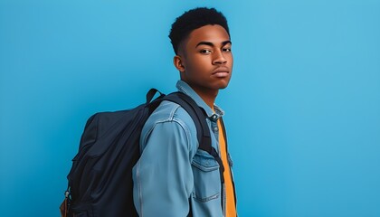 Wall Mural - Confident African American male student casually posed with backpack against vibrant blue backdrop